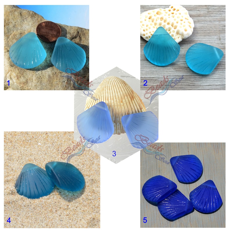 May include: Assortment of blue and light blue glass sea shell beads. The beads are in various shapes and sizes. The beads are displayed on a variety of surfaces, including sand, wood, and a seashell.