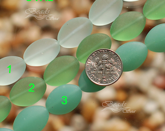 Sea Glass Oval Green 11 pcs (18X13mm)  Oval Puffed Cultured Sea Glass Beach Glass Drilled Frosted Beads