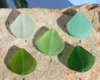 Mini GREEN 2pcs (20X19mm) Length-Drilled CLAM Shell Recycled Cultured Sea Glass~Beach Glass Pendants