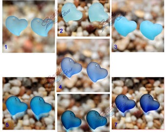 Sea Glass Heart Blue SM  2pcs (18mm) Heart Puffed Cultured Sea Glass Beads~Jewelry Making Beads~Beach Glass Pendant Beads~ More Colors
