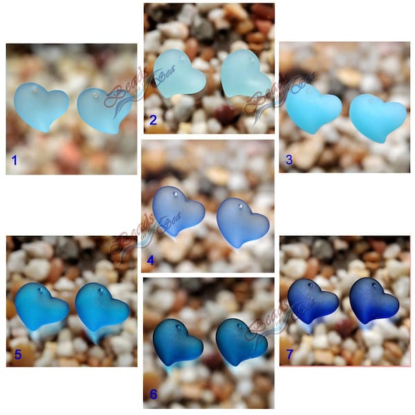 Sea Glass Heart Blue SM  2pcs (18mm) Heart Puffed Cultured Sea Glass Beads~Jewelry Making Beads~Beach Glass Pendant Beads~ More Colors