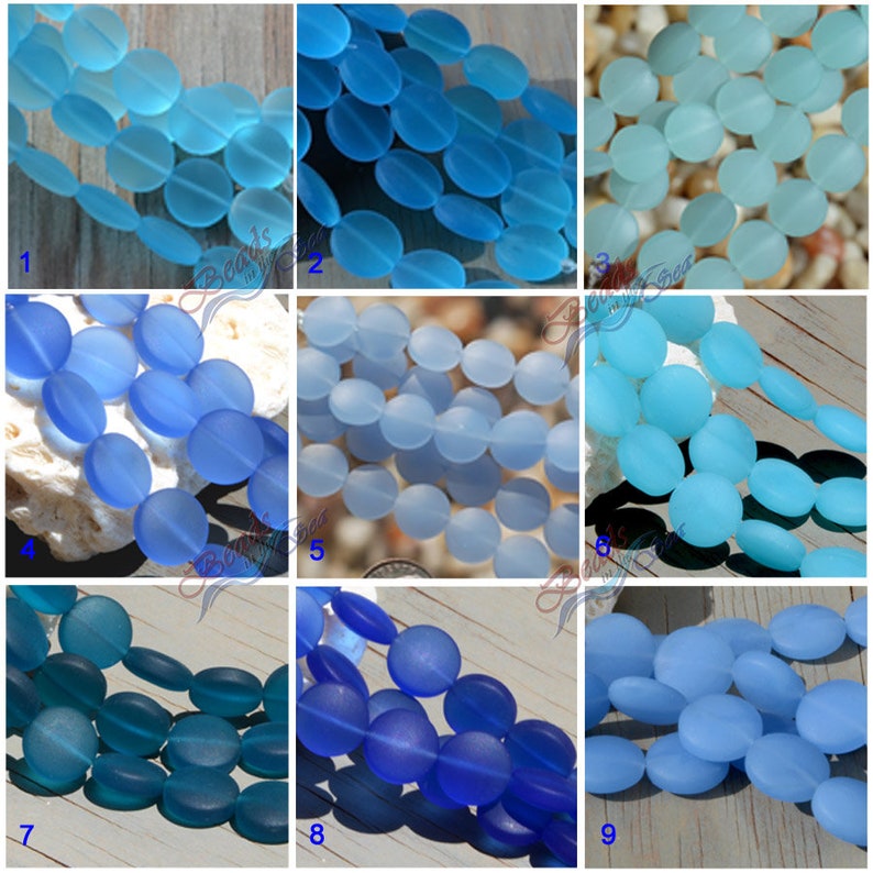 Sea Glass Coin 12mm Blue Coin Puffed Cultured Sea Glass Jewelry Making BeadsBeach Glass Beads image 1