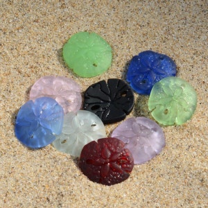 Pu&ograve; includere: Assortimento di nove ornamenti di vetro a forma di dollaro di sabbia in vari colori, tra cui verde, blu, rosa, bianco, nero e rosso. Gli ornamenti sono disposti su una superficie sabbiosa.