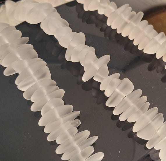 56pcs(2-6x8-15mm) Frosted Clear Small Thin Pebble Spacer Cultured Drilled Sea Glass Beach Glass Beads-8" (About 56pcs/strand)