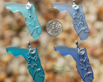 Jack Wire-wrapping  1pc Large FL Blue Collections 45X40mm Exclusive Wire wrapped swirl, Sea Turtle and wave over Florida state map pendant