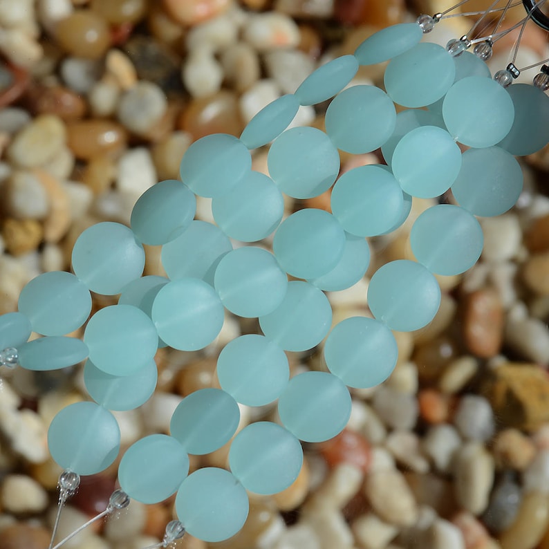 Sea Glass Coin 12mm Blue Coin Puffed Cultured Sea Glass Jewelry Making BeadsBeach Glass Beads 3. Seafoam Blue(OPQ)