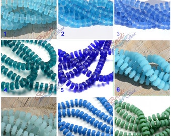 Sea Glass Heishi Button Blue 36 pcs (9x3mm) Spacer Cultured Sea Glass Beach Glass Beads - 8"