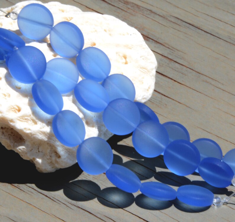 Sea Glass Coin 12mm Blue Coin Puffed Cultured Sea Glass Jewelry Making BeadsBeach Glass Beads 4.Sky Blue