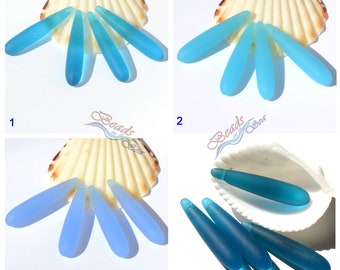 Sea Glass Teardrop TIP-DRILLED (39X8mm)  2pcs Blue Teardrop Round Cultured Sea Glass Beach Glass Pendants