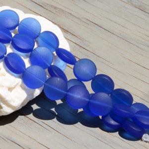 Sea Glass Coin 12mm Blue Coin Puffed Cultured Sea Glass Jewelry Making BeadsBeach Glass Beads 8. Cobalt