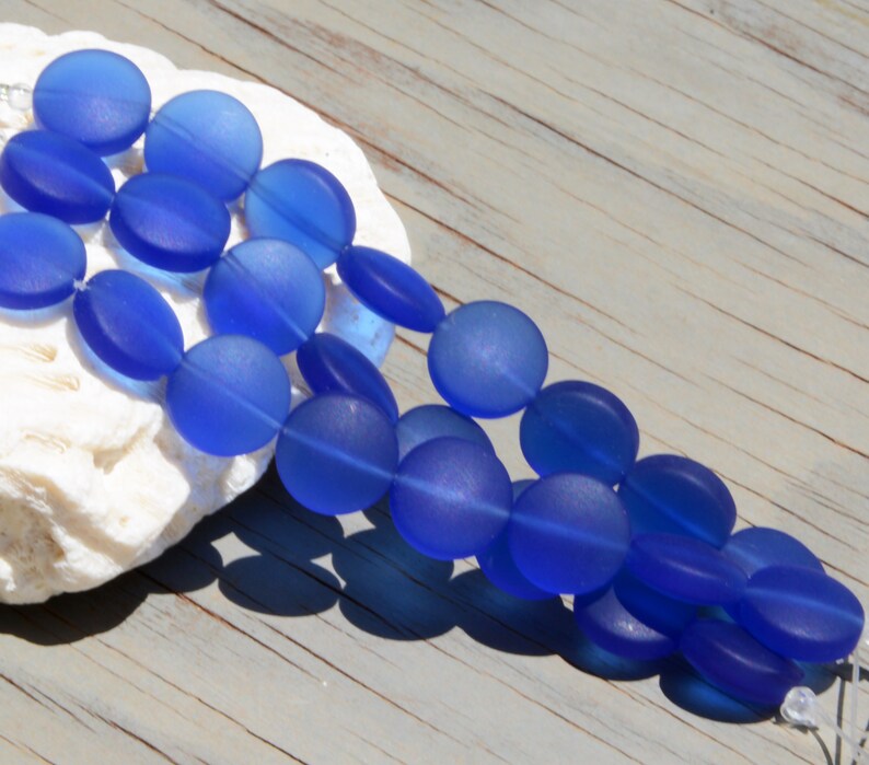 Sea Glass Coin 12mm Blue Coin Puffed Cultured Sea Glass Jewelry Making BeadsBeach Glass Beads 8. Cobalt