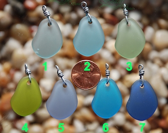 Sea Glass Hand Wired Charms Blue Green 2pcs (26X18mm) Small Freeform Cultured Sea glass Beach Glass Pendant Beads