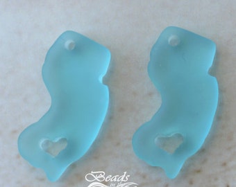 Sea Glass Small NJ 2pcs BLUE (27x14 mm) State Map Charm~I Heart New Jersey ~ Exclusive ~ Cultured Sea glass Beach Glass Beads