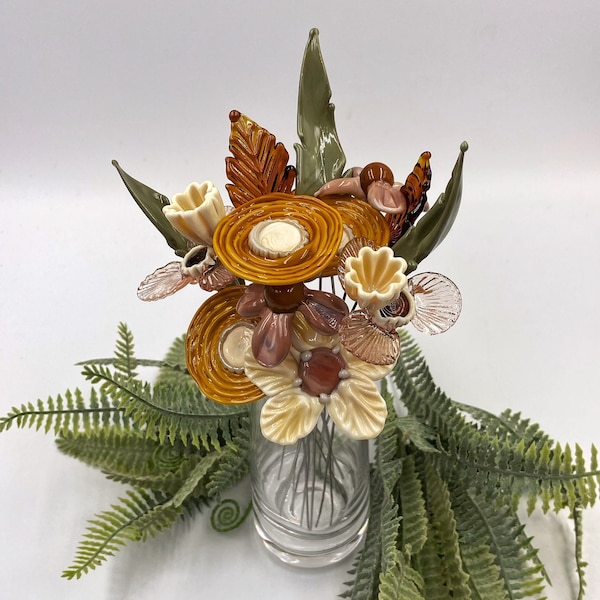 Vintage Blooms Glass Flower Bouquet in Glass Vase; Lampwork Glass Gerbera and Bellflower Stems; Handmade Glass Artificial Floral Arrangement