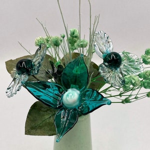 Tranquil Teal Glass Flower Bouquet in Ceramic Vase; Lampwork Glass Flower Stems; Handmade Glass Posy Floral Arrangement, Dried Flowers