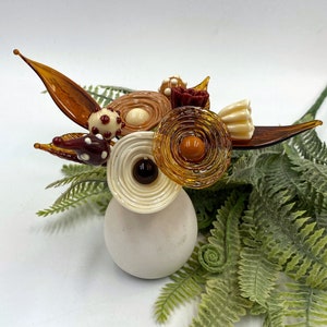 Cappuccino Glass Flower Bouquet in Ceramic Vase; Lampwork Glass Flower Stems; Coloured Glass Posy Floral Arrangement, Artificial Flowers
