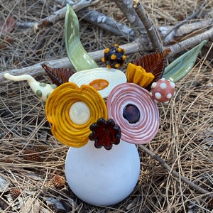 Vintage Spice Glass Flower Bouquet in Ceramic Vase; Lampwork Glass Flower Stems; Coloured Glass Posy Floral Arrangement, Artificial Flowers