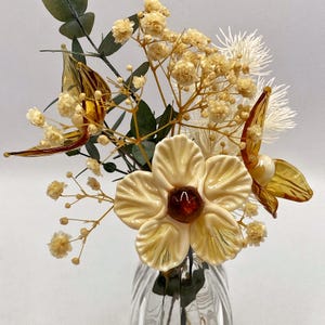 Incandescent Ivory Bouquet in Ribbed Glass Vase; Lampwork Glass Flower Stems; Handmade Coloured Glass Floral Arrangement, Dried Flowers