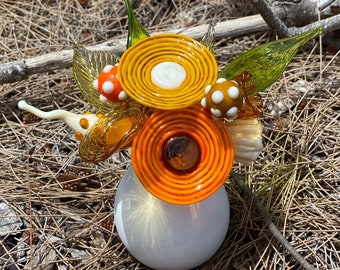 Turmeric Spice Glass Flower Bouquet in Ceramic Vase; Lampwork Glass Flower Stems; Coloured Glass Posy Floral Arrangement, Artificial Flowers