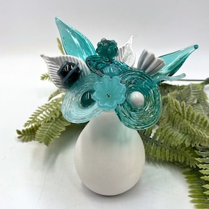 Teal Temptation Glass Flower Bouquet in Ceramic Vase; Lampwork Glass Flower Stems; Transparent Coloured Glass Posy Floral Arrangement,