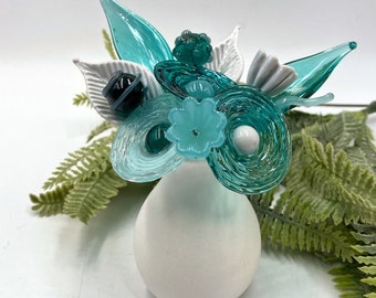 Teal Temptation Glass Flower Bouquet in Ceramic Vase; Lampwork Glass Flower Stems; Transparent Coloured Glass Posy Floral Arrangement,