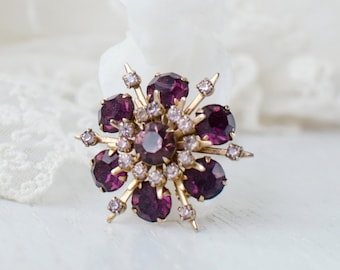 Purple violet crystal round vintage brooch, crystal sparkl costume jewelry