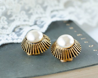 Pearl clip-on earrings, elegant vintage round clip on earrings