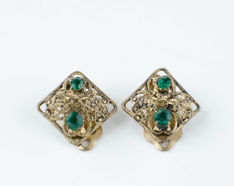 Vintage filigree Czech clip-on earrings with green crystals from Jablonec