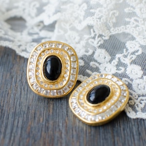 Large crystal vintage clip-on earrings  with black glass cabochon