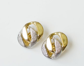 Сhain links clip on earrings, two tone gold and silver textured clip-on earrings