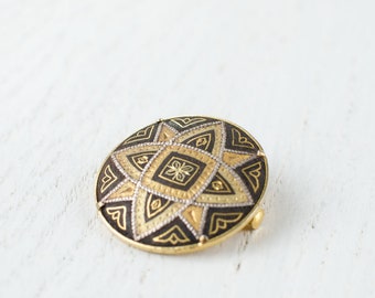 Vintage Spanish Damascene round brooch,  filigree Toledo brooch with arabesque ornament