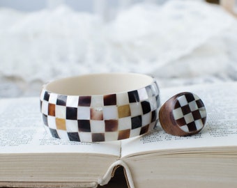 Set of 2 Vintage bracelet and ring,  Mother of pearl mosaic checkered bangle and wood ring, checkerboard design chunky jewelry set