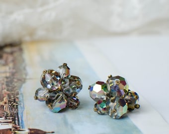 Vintage Czech multicolor AB glass beaded clip on earrings from Jablonec