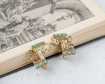 Vintage clip on earrings with turquoise imitation in Aztec or Mayan style for Marbel Mexico