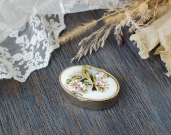 Vintage porcelain pill box with bird, bird flower trinket box