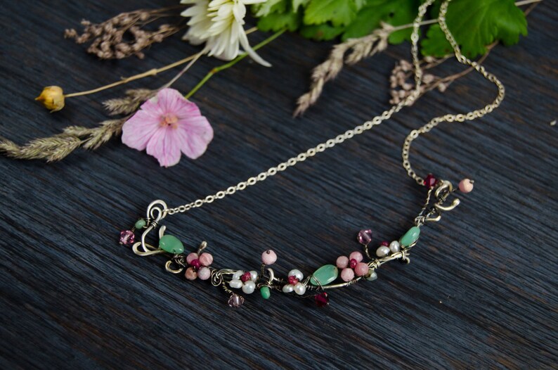 Silver Floral necklace Pink flower Romantic botanical jewelry pearl flower jewelry one of a kind choker unique gift for her