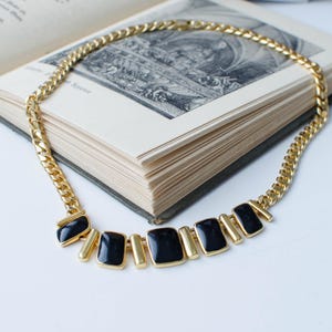 Black enamel Gold Tone Choker, Vintage Statement chain necklace from 1980s