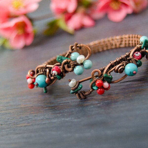 SALE 25% Floral turquoise coral Bracelet, bangle with blue and red flowers, floral turquoise jewelry