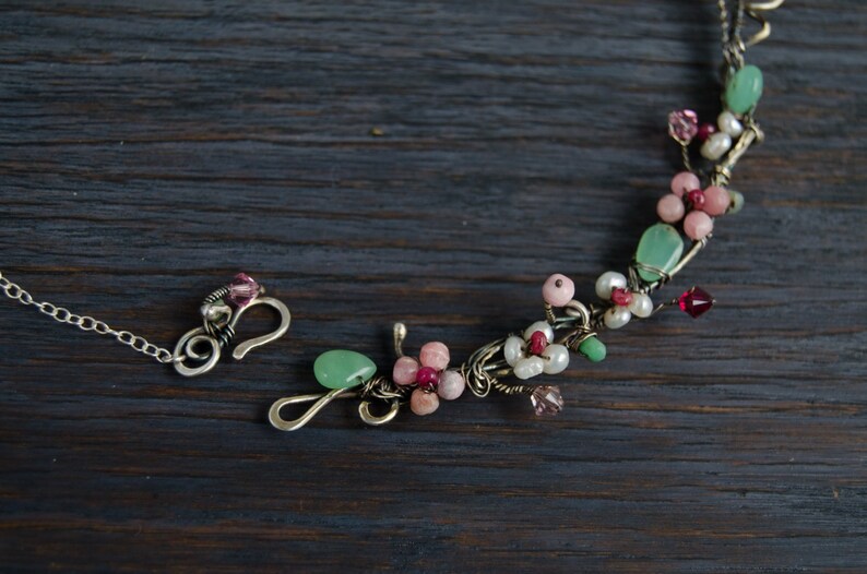 Silver Floral necklace Pink flower Romantic botanical jewelry pearl flower jewelry one of a kind choker unique gift for her