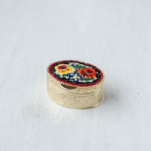 Vintage micro mosaic pill box, red floral trinket box collectible things, tiny Italian mosaic box