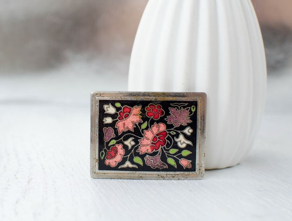 Rectangular cloisonne vintage brooch with the flo… - image 1