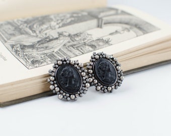 Black cameo vintage clip on earrings Czech cameo and pearls earrings