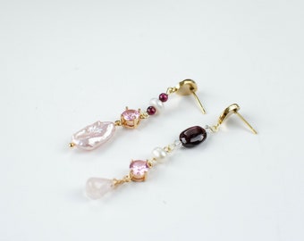 Pink garnet asymmetric earrings Trendy fashion earrings