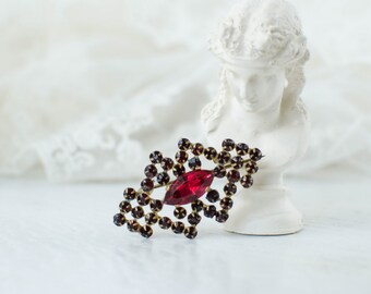 Antique Bohemian Garnet glass geometric brooch, classic style, collectible jewelry