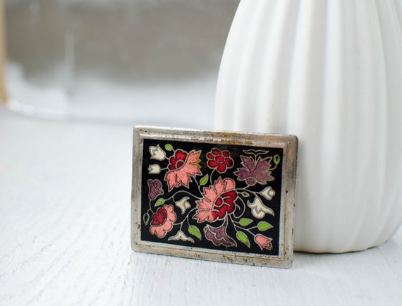 Rectangular cloisonne vintage brooch with the flo… - image 2