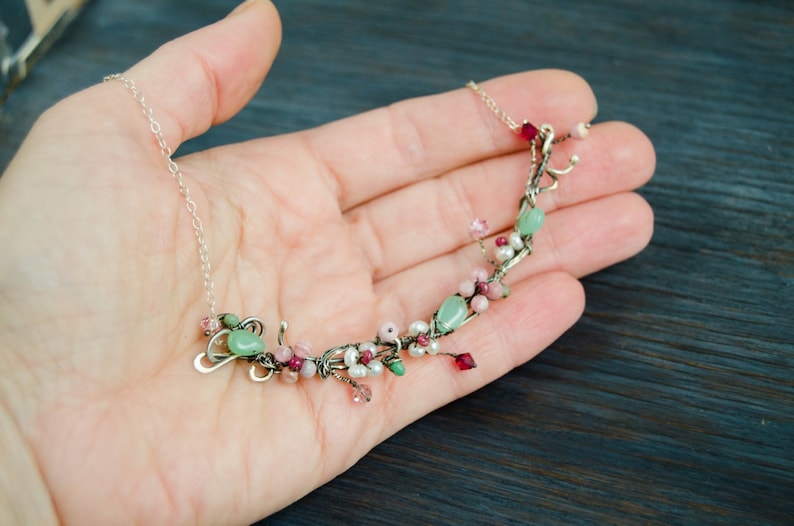 Silver Floral necklace Pink flower Romantic botanical jewelry pearl flower jewelry one of a kind choker unique gift for her