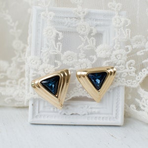 Triangular clip on earrings with navy blue crystals image 2