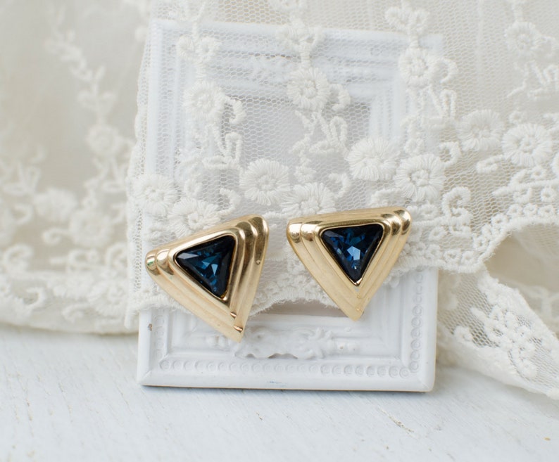 Triangular clip on earrings with navy blue crystals image 2