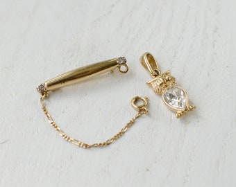 Owl pendant with clear crystal Vintage pin brooch by Pierre Lang, gold plated animal brooch signed PL