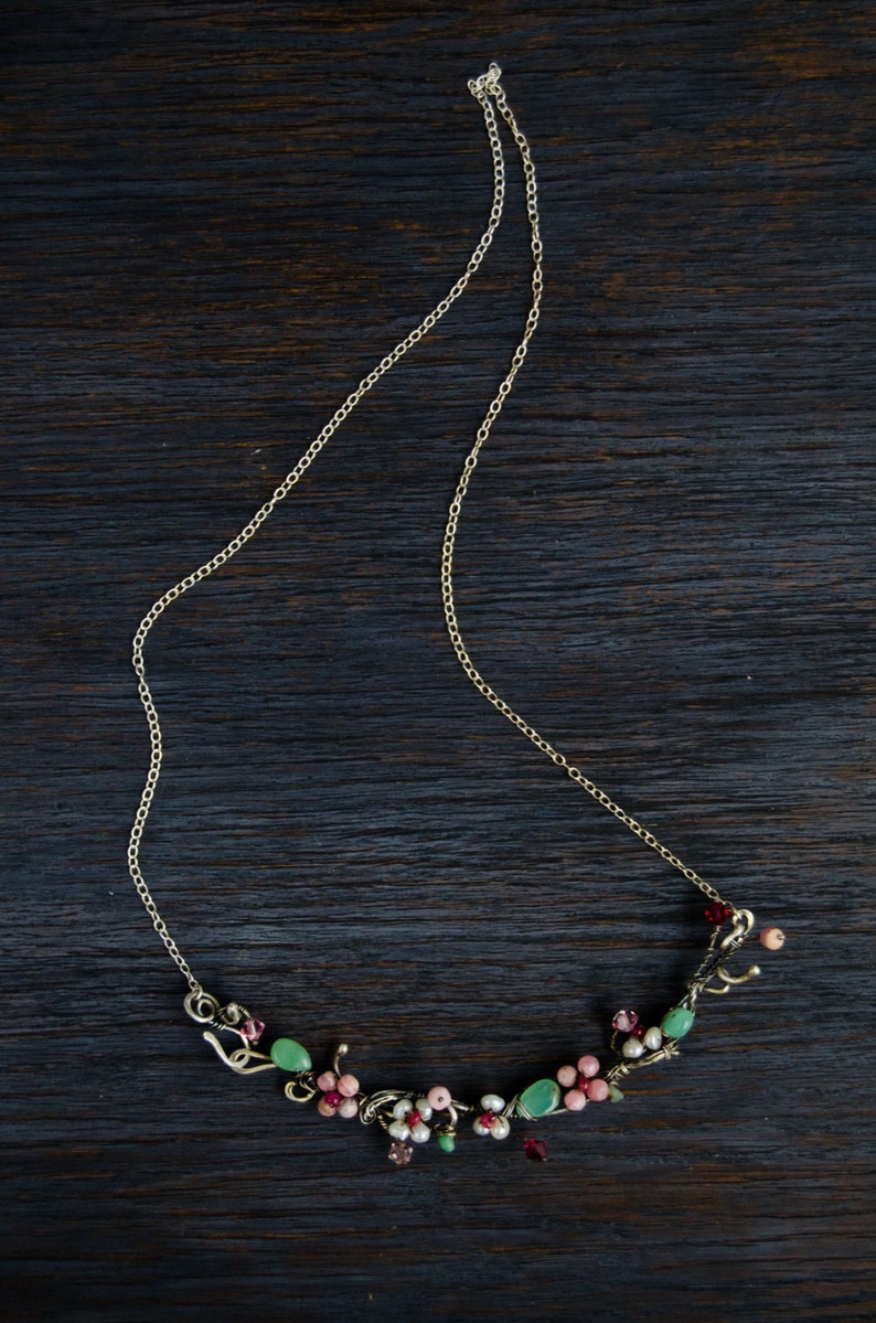 Silver Floral necklace Pink flower Romantic botanical jewelry pearl flower jewelry one of a kind choker unique gift for her